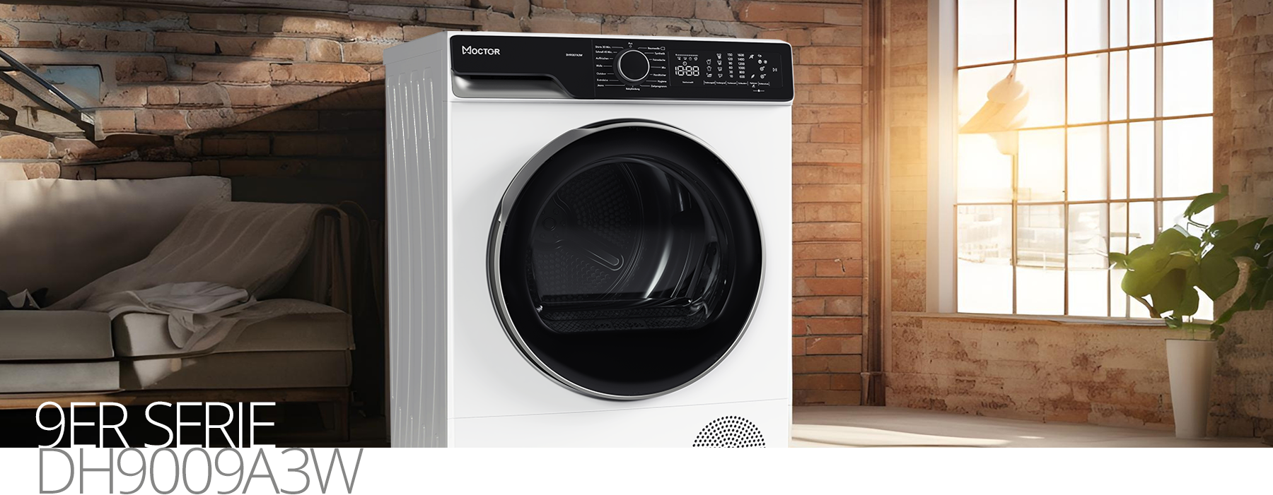 Moctor Trockner DH9009A3W in modernem Wohnzimmer