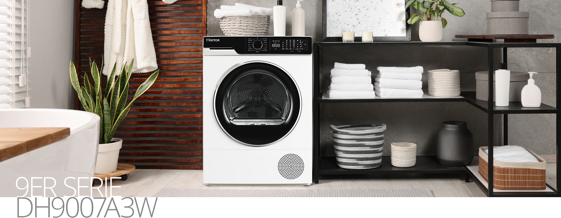Weißer Frontlader-Wäschetrockner der 9er Serie DH9007A3W in modernem Badezimmer mit Pflanzen, Handtüchern und Regalen