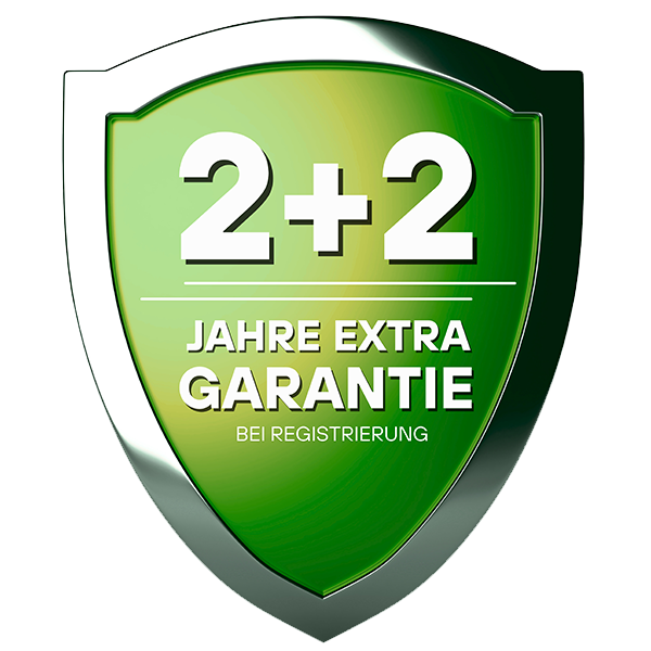 Grünes Schild mit silbernem Rand zeigt '2+2 Jahre extra Garantie bei Registrierung'